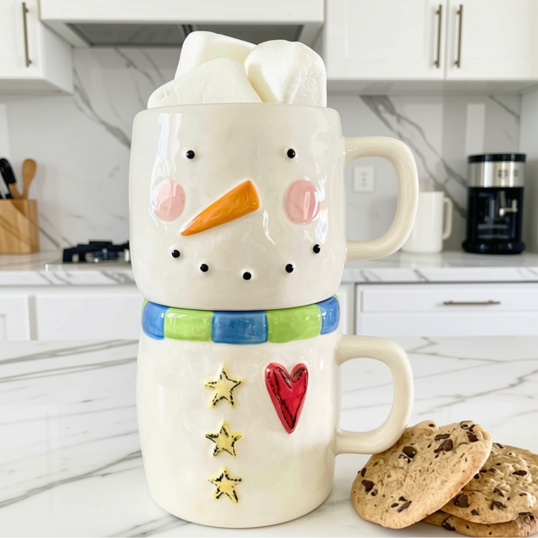 A stacked set of two stoneware snowman mugs on a white marble kitchen countertop, with marshmallows in the top mug and chocolate chip cookies beside the bottom mug.
