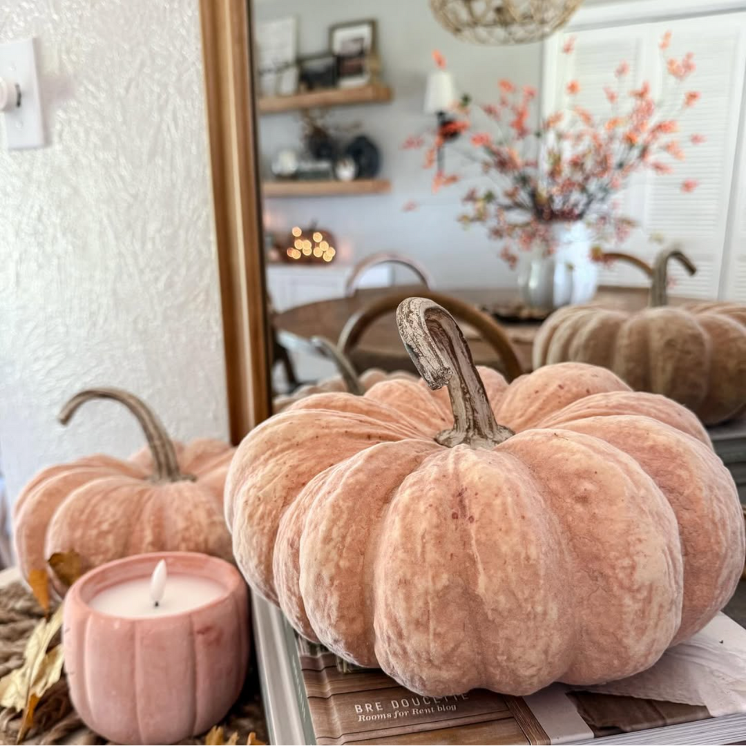 A large plush blush pink velvet pumpkin sits on a table in a styled home interior, with smaller pumpkins, a pink candle, dried leaves, and a mirror reflecting the room behind.