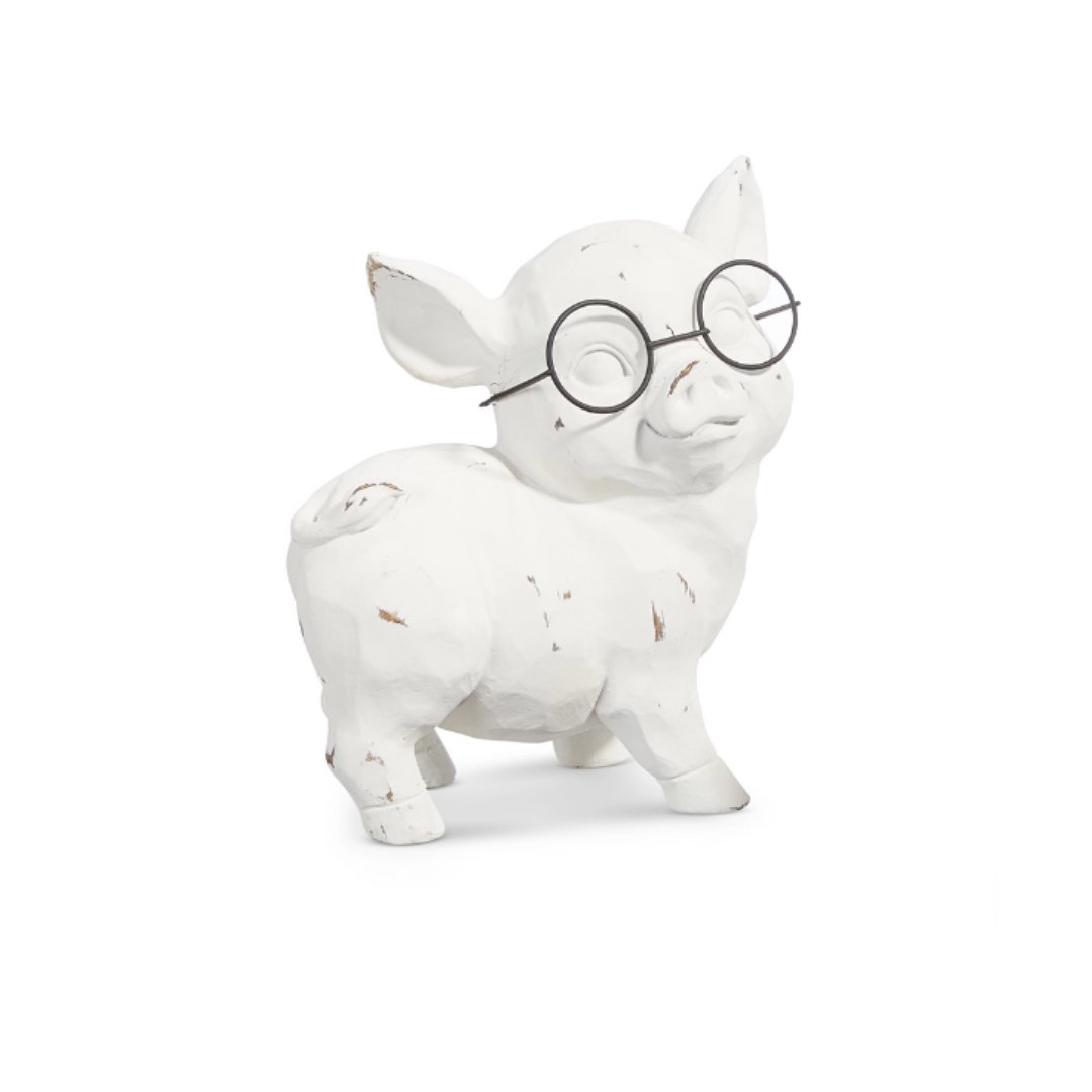 White animal figurine wearing glasses on a white background