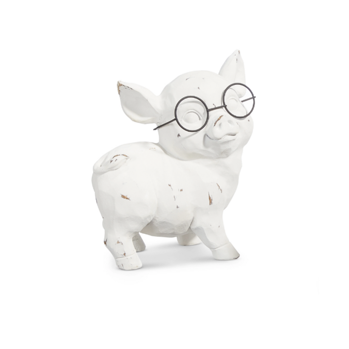 White animal figurine wearing glasses on a white background