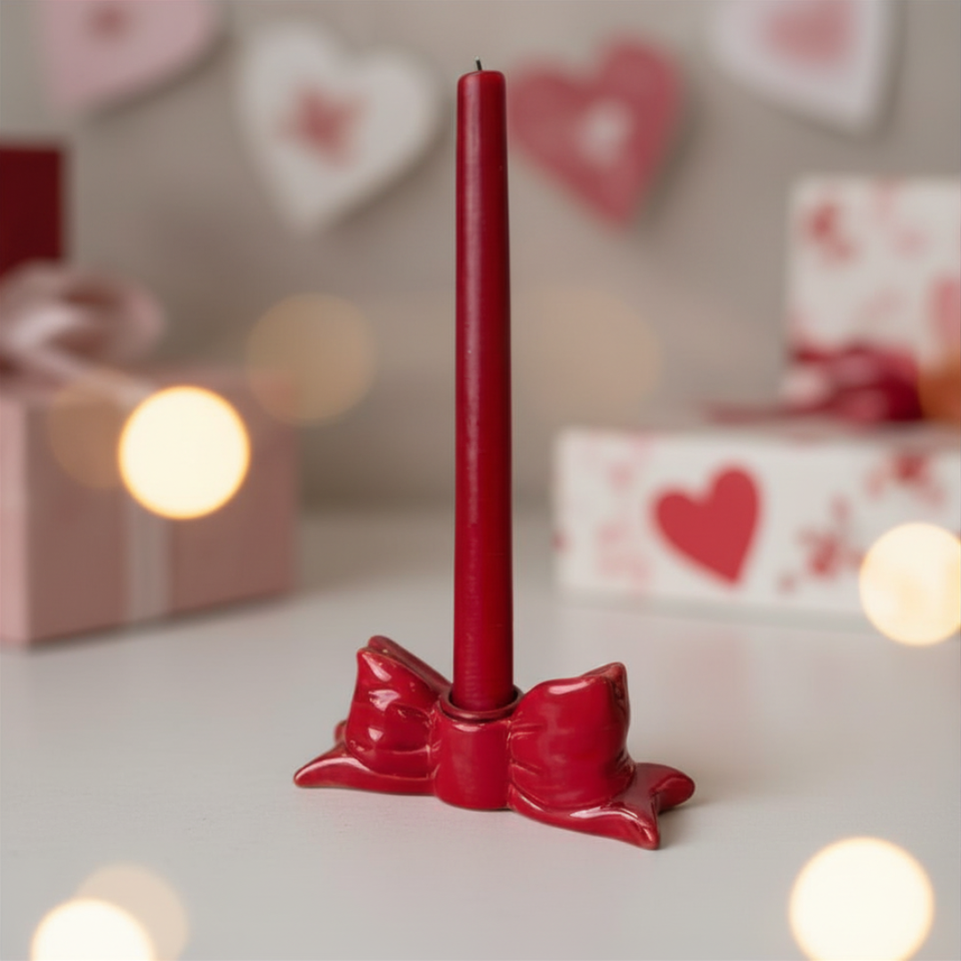 Red candle holder with a lit red candle on a blurred background with heart shapes and lights.
