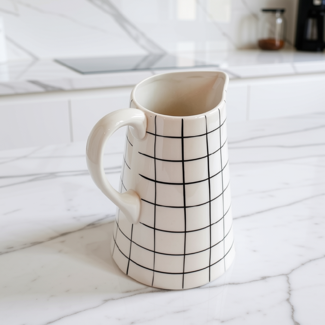 An off-white stoneware pitcher with a black grid pattern, set on a white marble kitchen countertop.