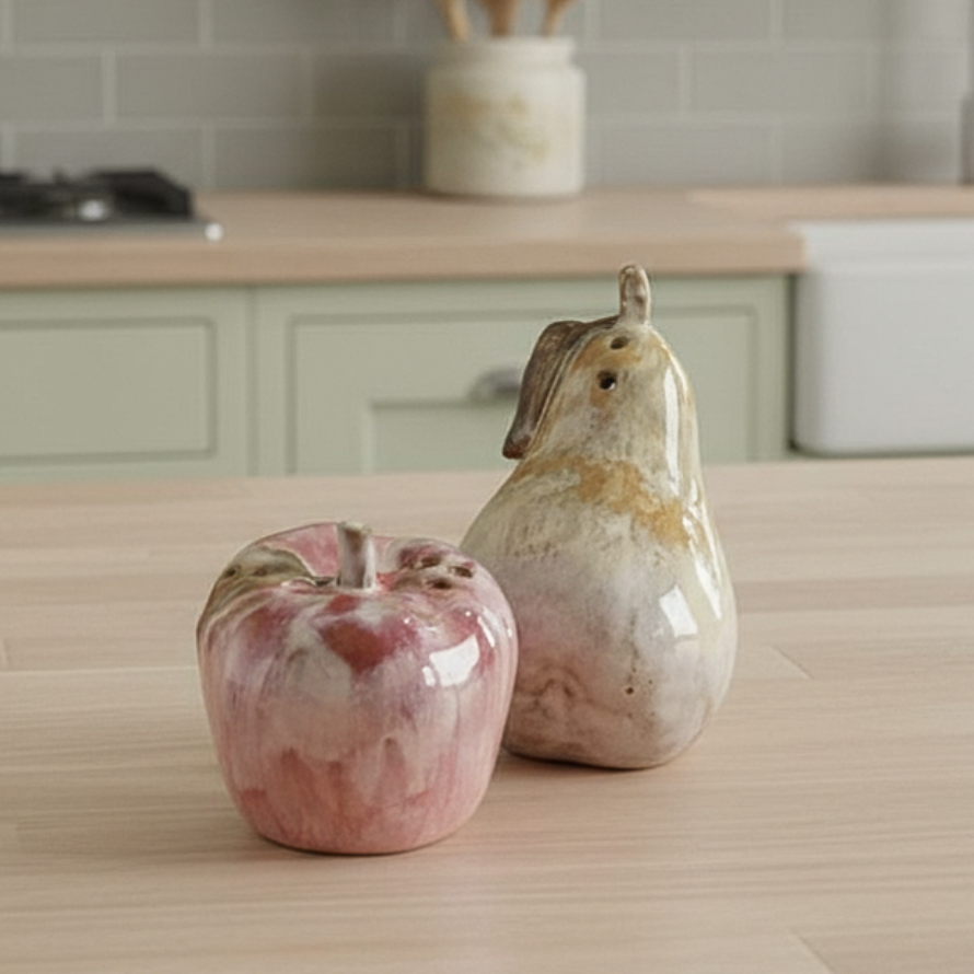 Stoneware apple and pear salt and pepper shakers on a kitchen counter with a tiled wall and sink in the background.