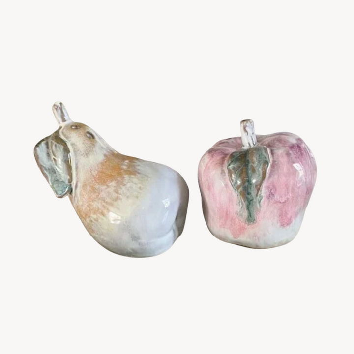 Stoneware apple and pear shaped salt & pepper shakers. 