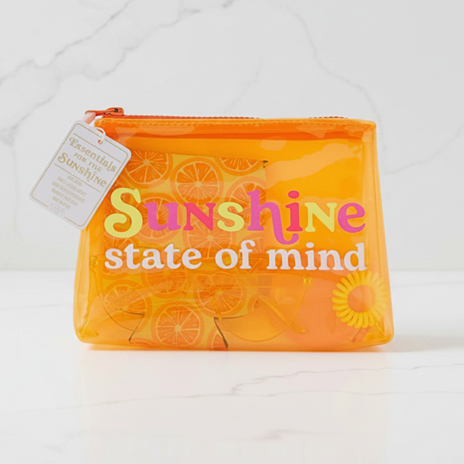 Orange pouch with 'Sunshine state of mind' text on a white background
