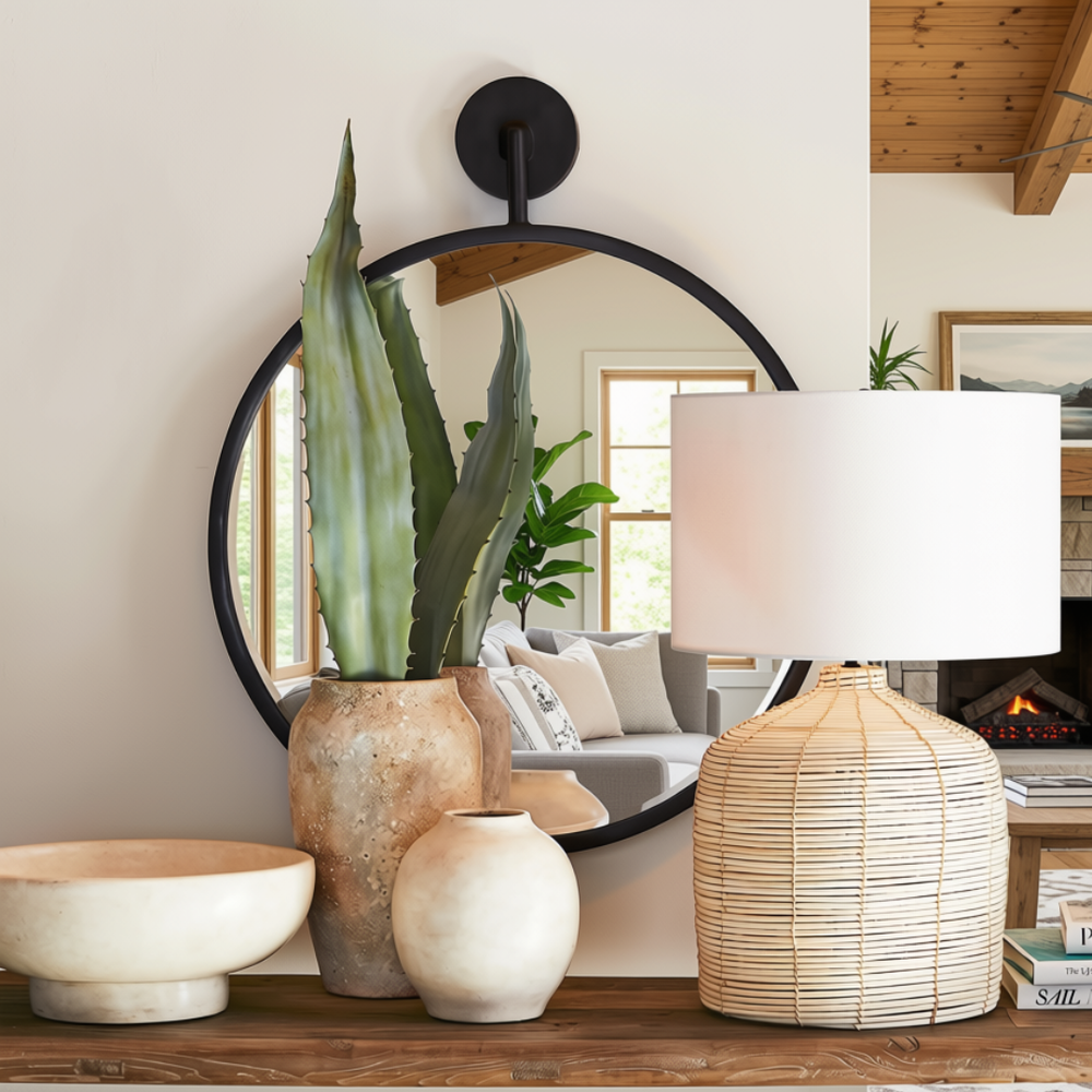 A round black-framed wall mirror mounted on a beige wall above a wooden console, styled with a tall green aloe succulent leaves in a textured beige vase, a white ceramic bowl, a small cream vase, and a woven rattan table lamp with a white drum shade. The background shows a softly blurred living room interior with a sofa and fireplace.