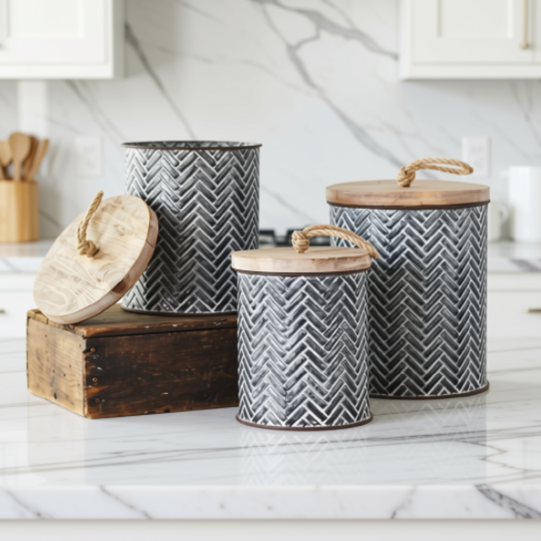 Three metal kitchen canisters with a gray and white herringbone pattern and light wood lids, displayed on a white marble kitchen counter.