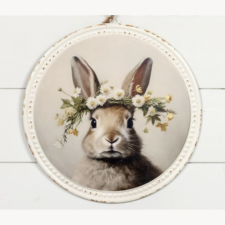 A decorative tin flower crown bunny portrait with a rustic white frame and a bunny wearing a flower crown.