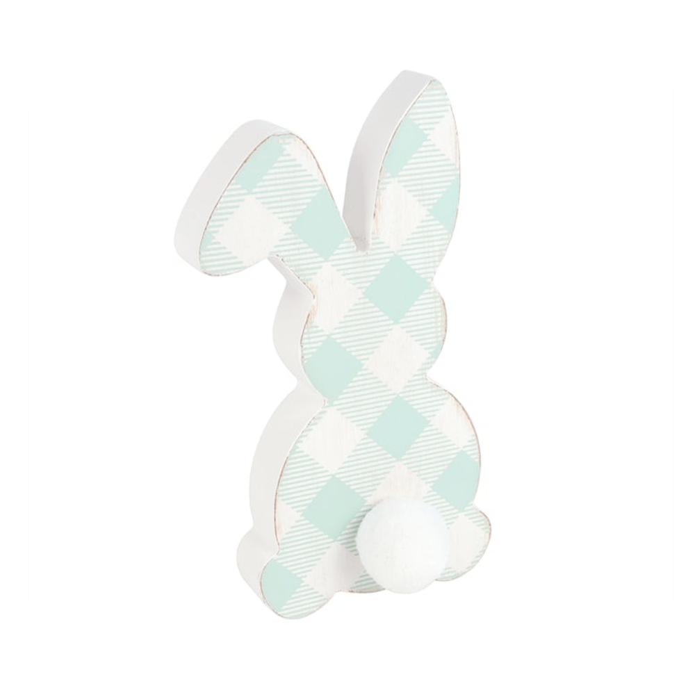 Plaid-patterned bunny figure on a white background