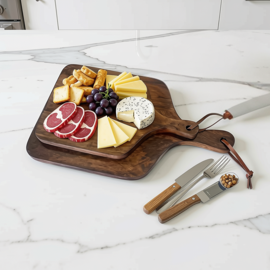 A dark walnut wood charcuterie board with a leather handle, loaded with cheese, cured meats, grapes, and crackers, set on a white marble kitchen countertop. A matching wooden knife and fork with leather handles rest beside the board.