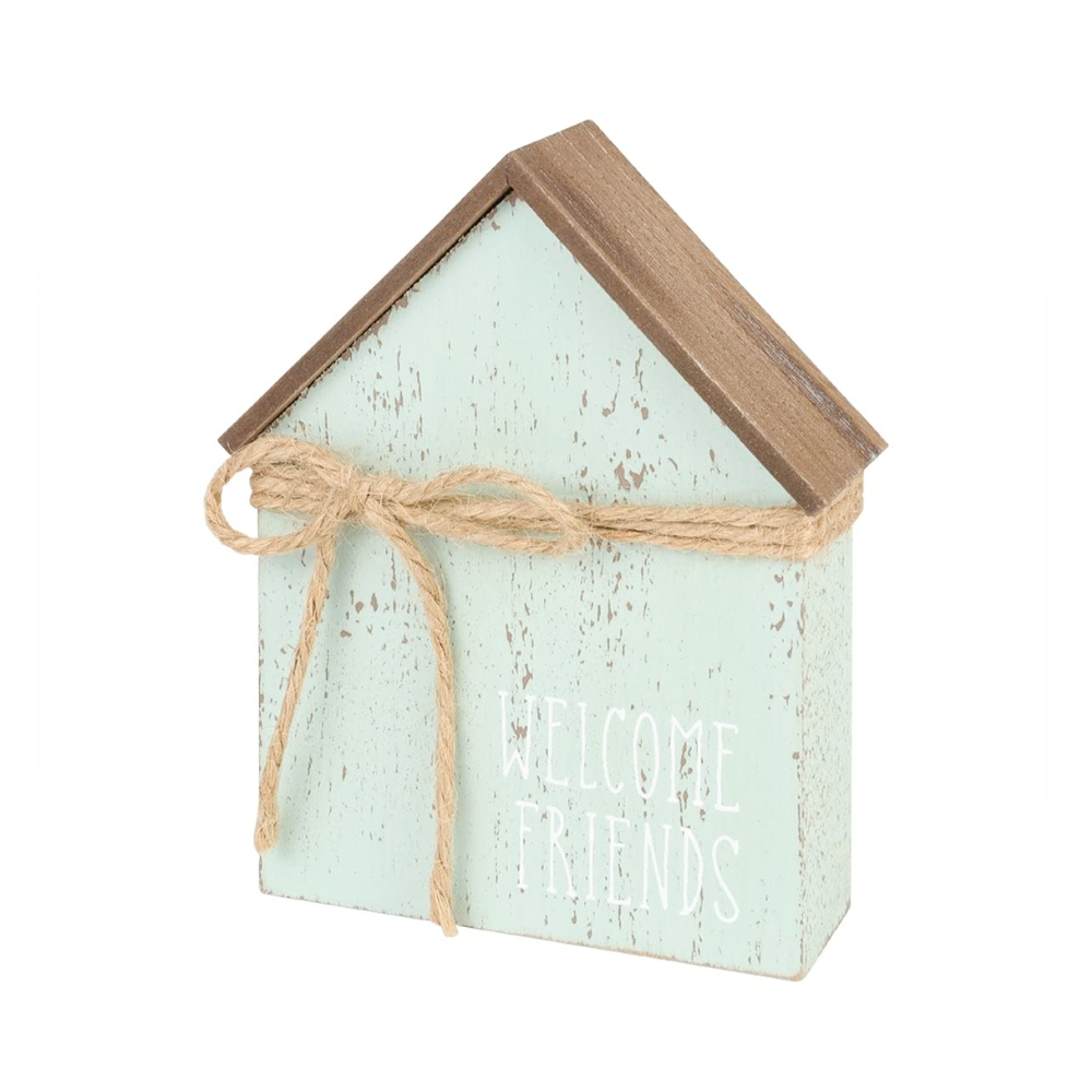 Decorative wooden house-shaped box with 'Welcome Friends' text and twine bow on a white background