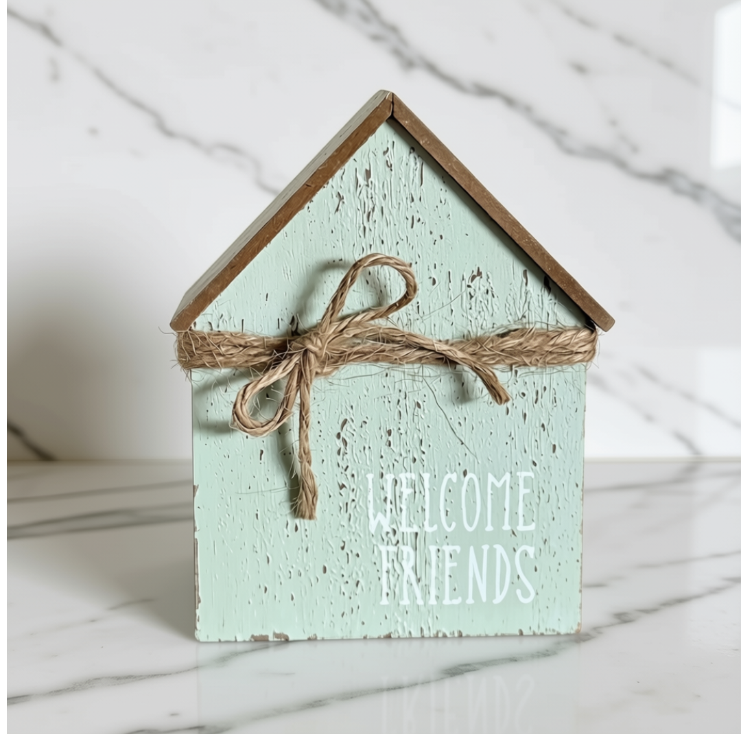 A small house-shaped decorative sign with a distressed mint green finish, natural wood trim, a jute twine bow, and the words “WELCOME FRIENDS” printed on the front, set on a light marble surface.