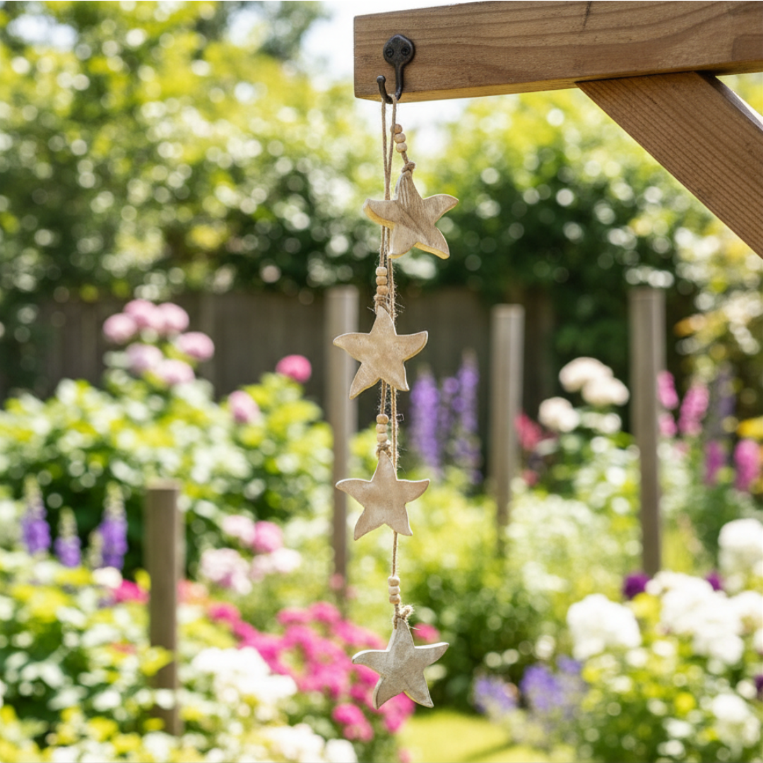 Star-shaped decorative hanging ornament in a garden setting