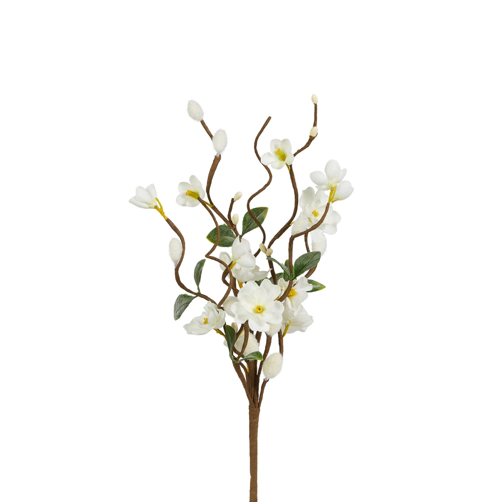 An artificial white flower pick with green leaves on a single stem, against a white background.
