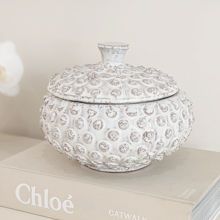 Decorative white textured knobby jar on a book with 'Chloe' branding