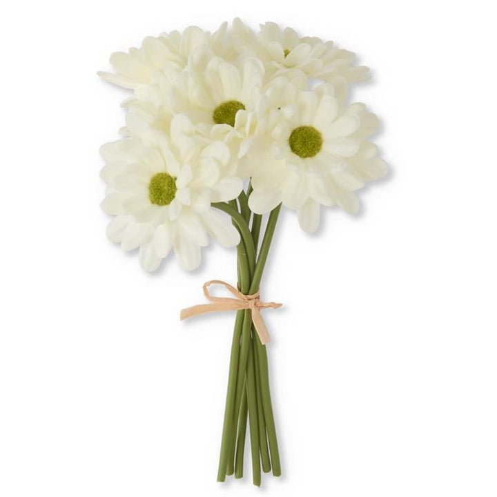Bouquet of white real touch daisy flowers with green centers tied together on a white background