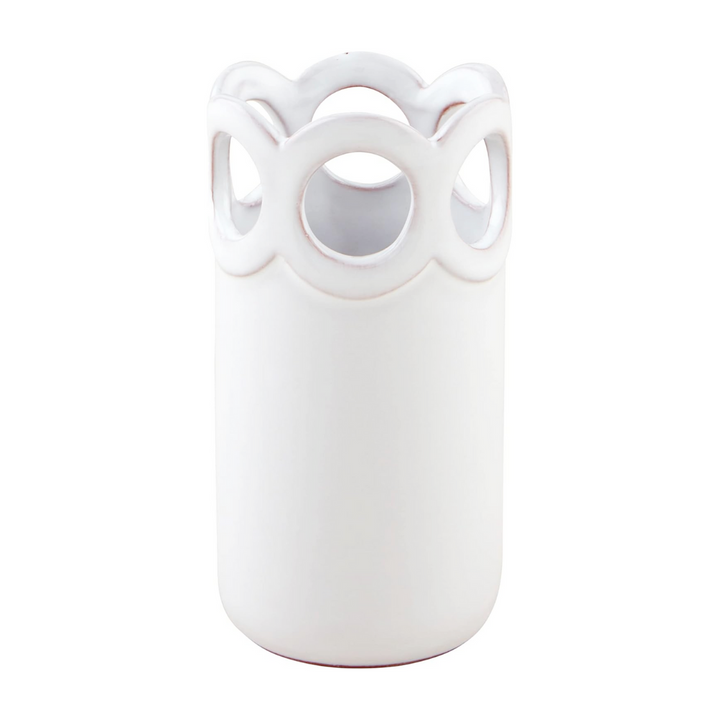 Three white terracotta bud vases with scalloped edge design, displayed on a woven surface. Each vase has cut-out scallop detailing and is in different sizes.