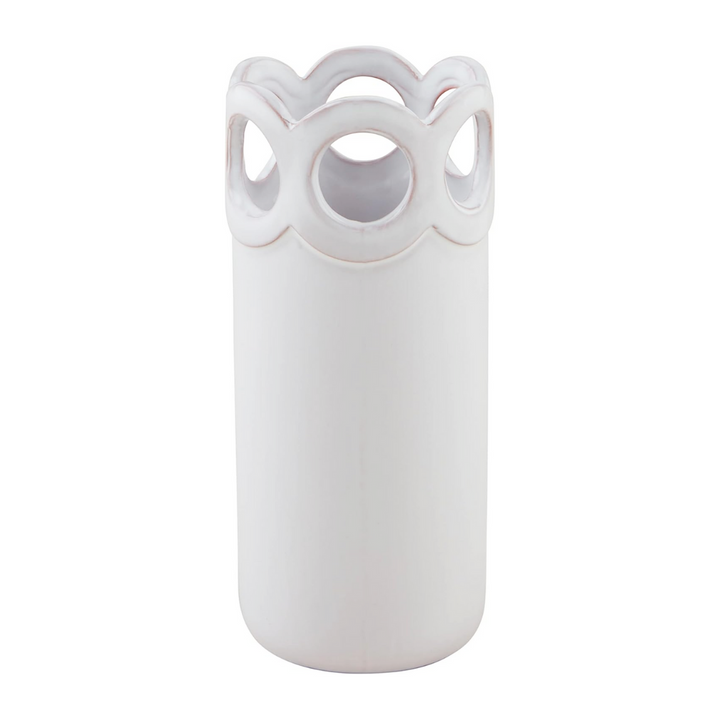 Three white terracotta bud vases with scalloped edge design, displayed on a woven surface. Each vase has cut-out scallop detailing and is in different sizes.