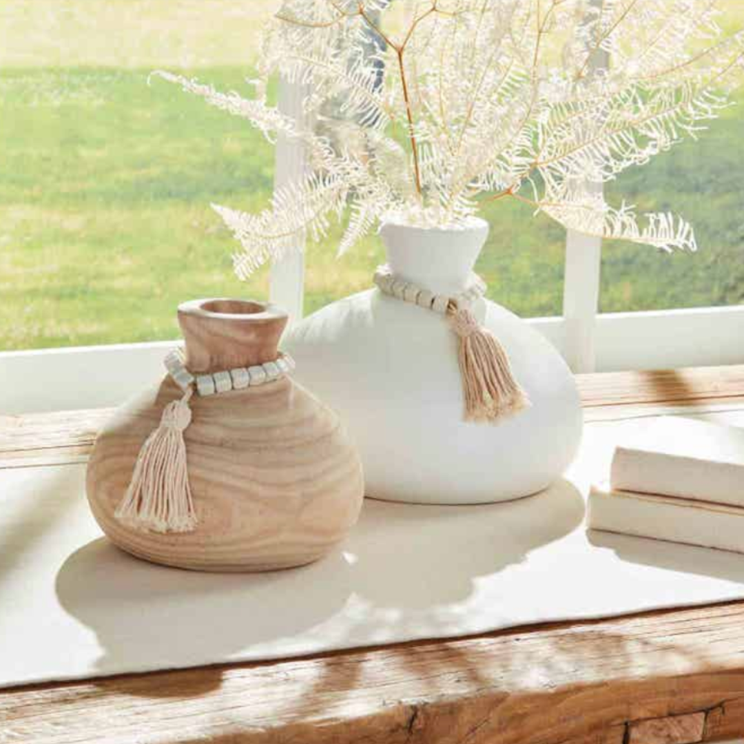 White Wood Vase With Ceramic Beads