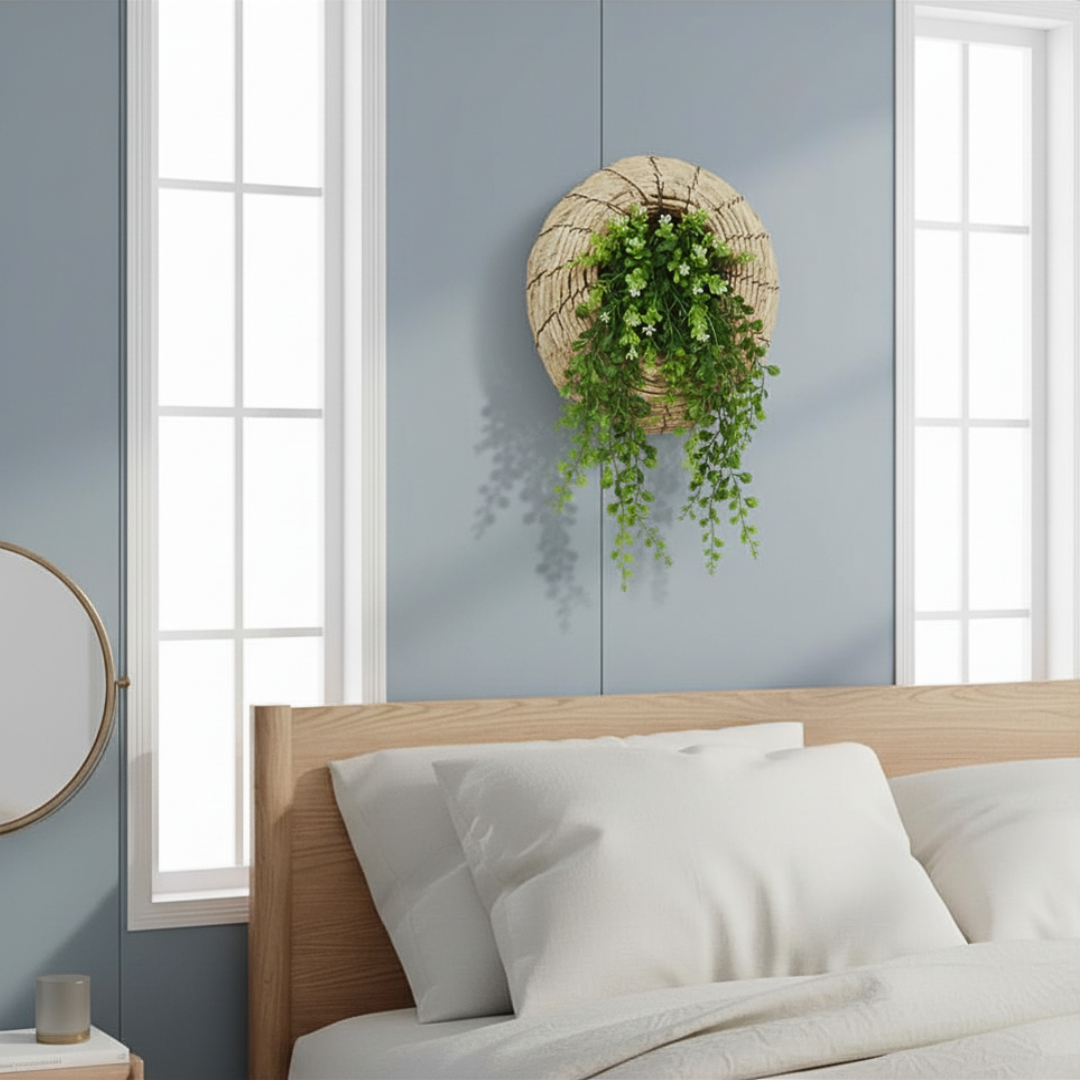 Bedroom with a wooden headboard, white bedding, and a wall-mounted plant against a light blue wall.