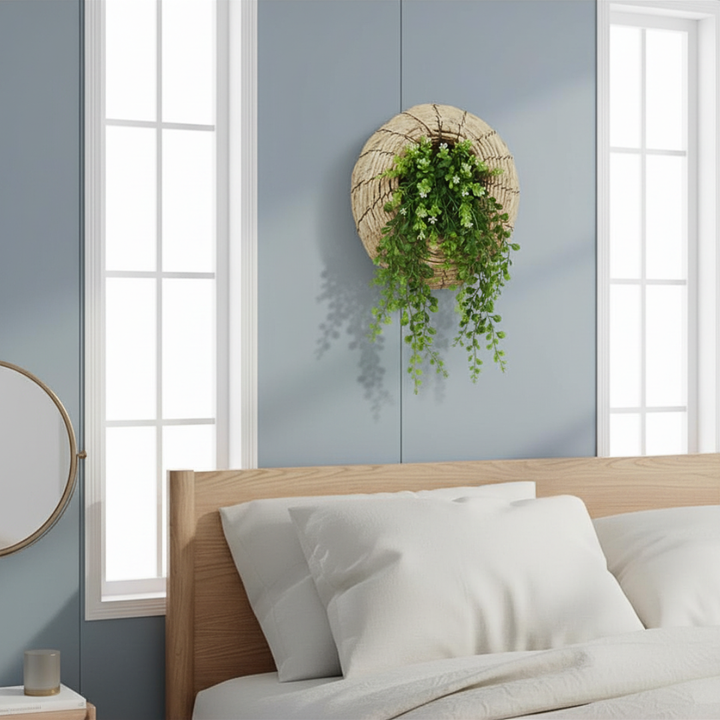 Bedroom with a wooden headboard, white bedding, and a wall-mounted plant against a light blue wall.