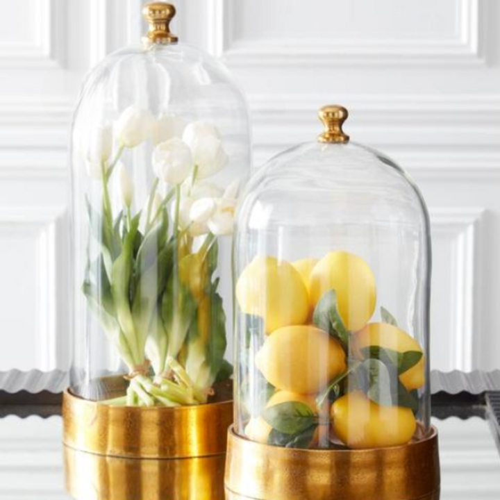Two glass cloches with gold bases, one containing white tulips and the other yellow lemons, on a neutral background.