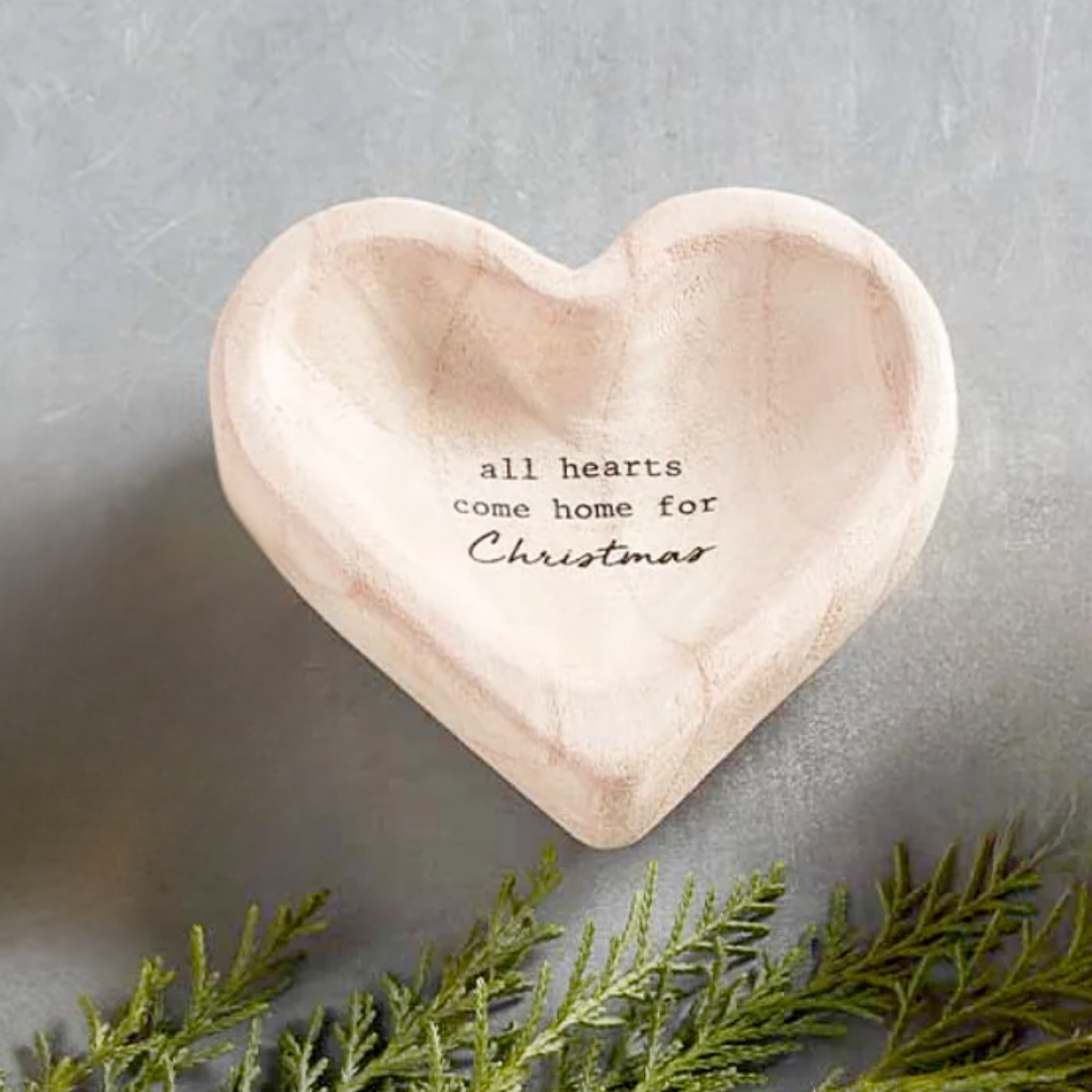 Heart-shaped mango wood dish with text 