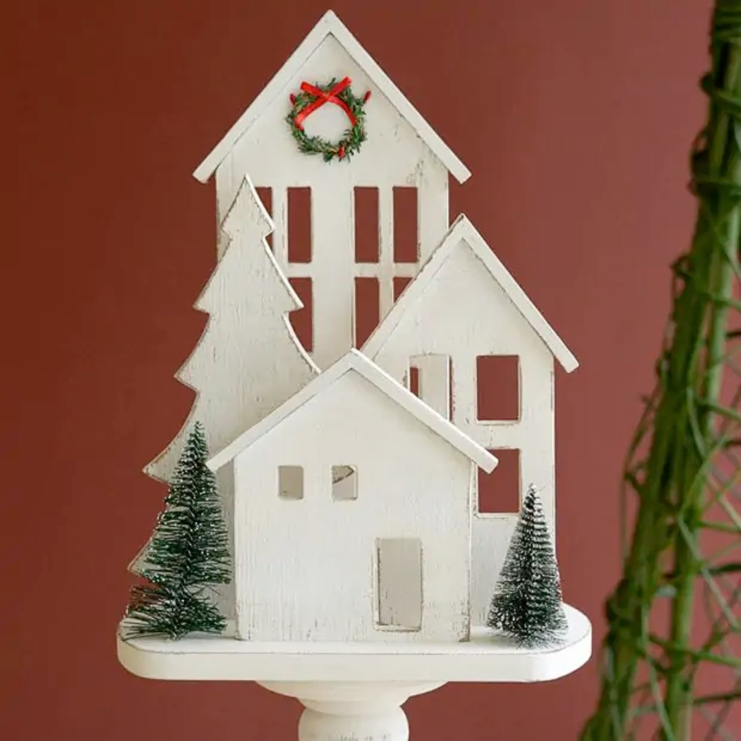 White Wooden Christmas Village On Pedestal