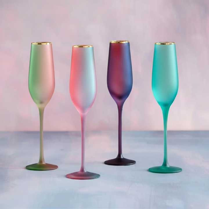Four colorful champagne flutes with gold rims on a gradient background