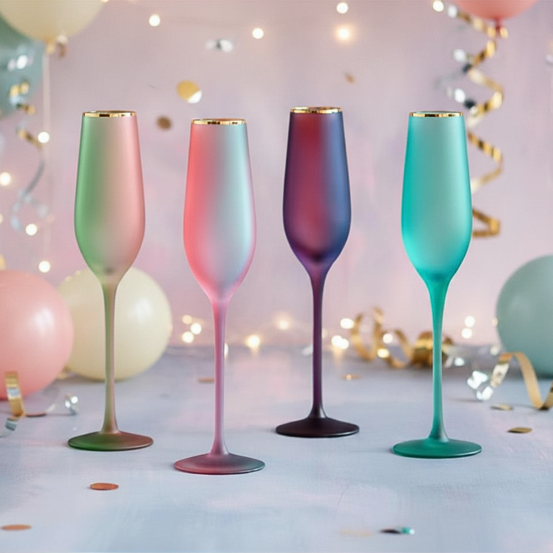 Set of colorful champagne flutes with a festive background