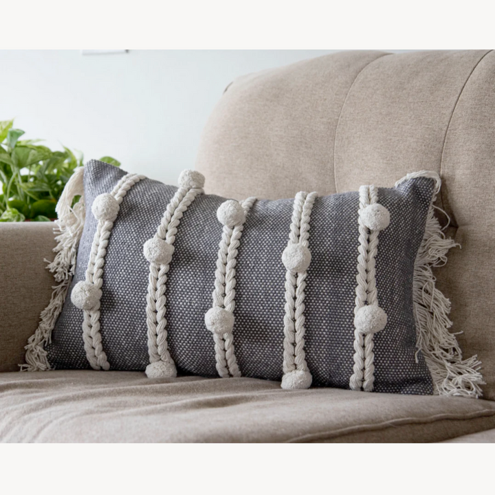 Set/2 Keaton Gray Striped Cotton Filled Pillow with Pom Poms