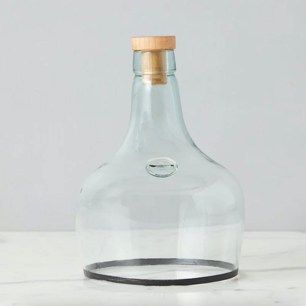 A clear glass cloche with a black rim and a wood cork lid, standing upright on a flat surface.