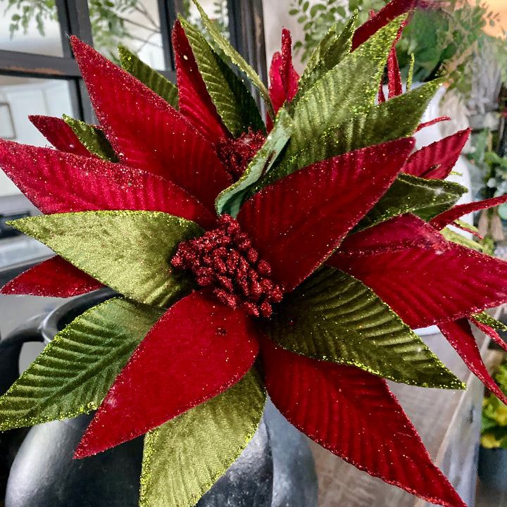 Set/3 Velvet Glitter Trimmed Poinsettia Stems