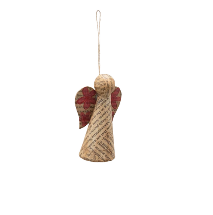 Paper Mache Newsprint Angel Ornament With Hand-Painted Flowers