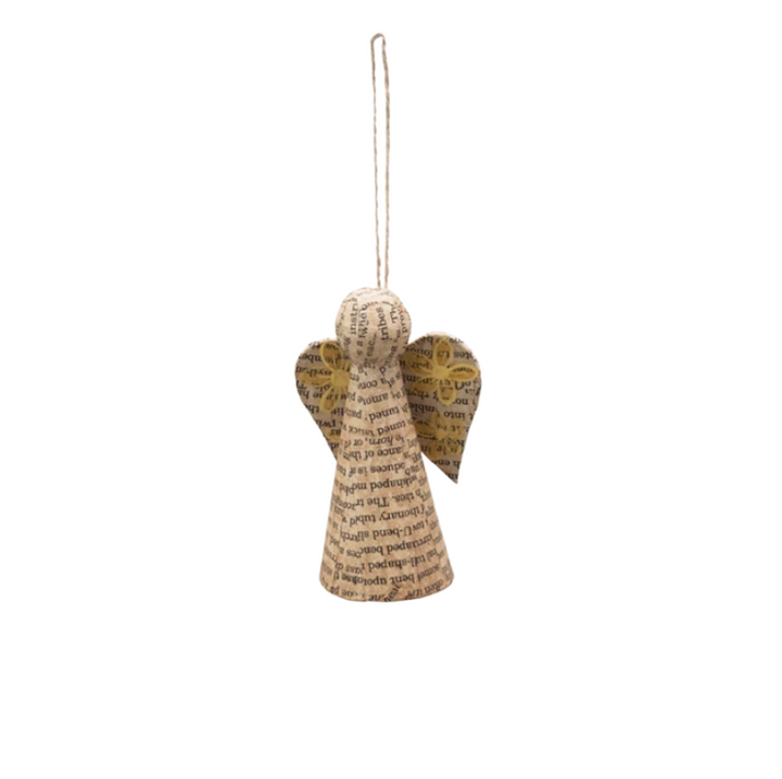 Paper Mache Newsprint Angel Ornament With Hand-Painted Flowers