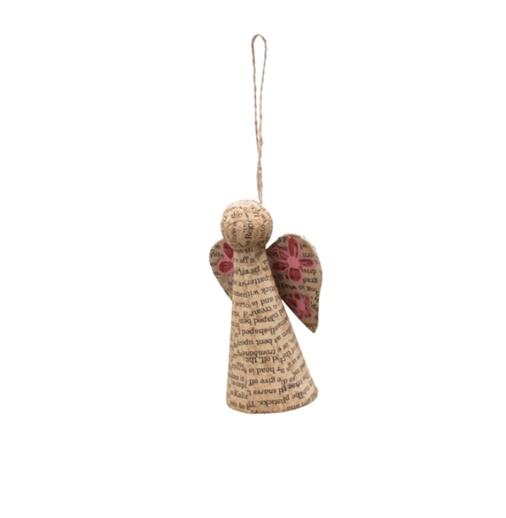 Paper Mache Newsprint Angel Ornament With Hand-Painted Flowers